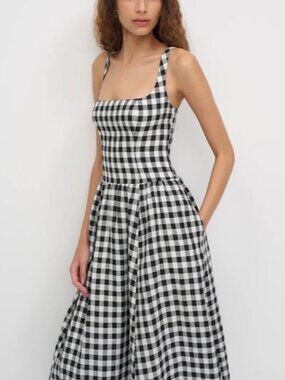 NEW Reformation Janu Midi Linen Dress Park Check Gingham | US 2 / UK 6
